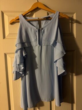Bold Elements Light Blue Ruffle Sleeve Cold-Shoulder Blouse NWT